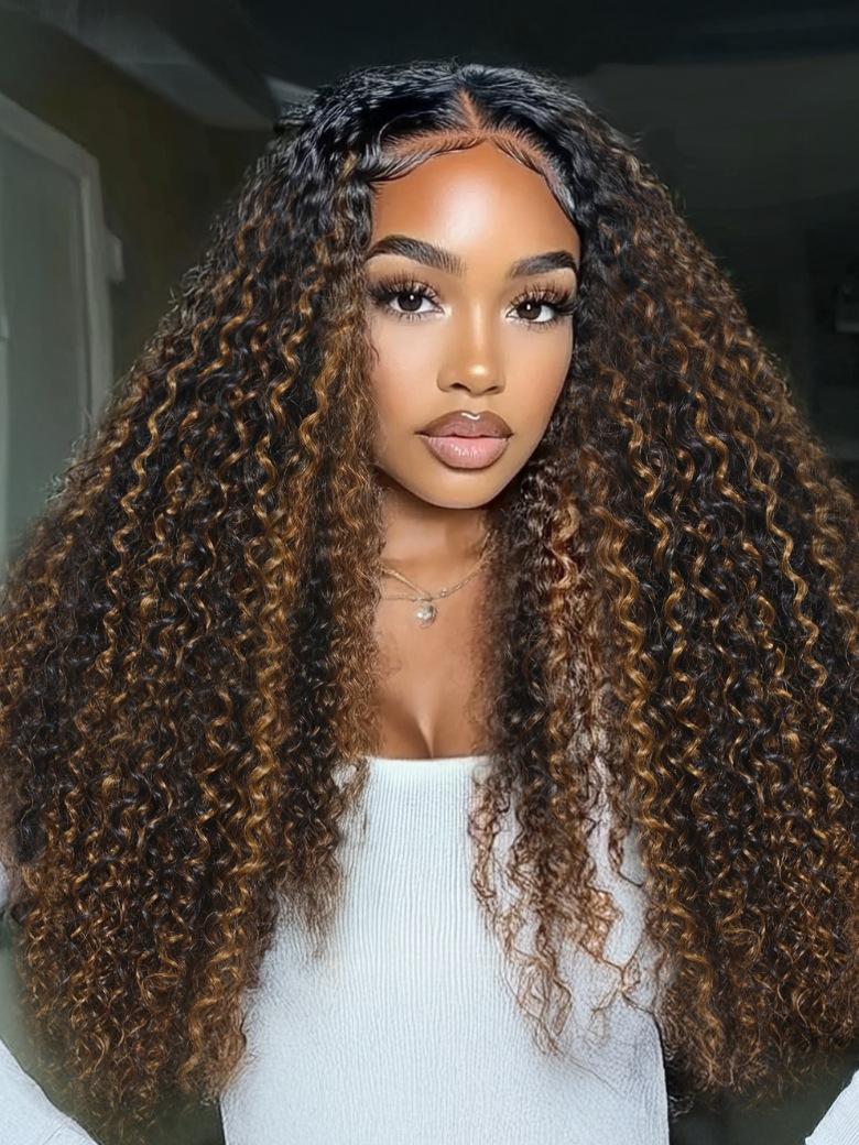 The UNice With Drawstring UNice EasiContour V Part Brown Highlights with Dark Roots wig visual image position 2 shows a model with long curly hair wearing a white.