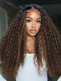 The UNice With Drawstring UNice EasiContour V Part Brown Highlights with Dark Roots wig visual image position 2 shows a model with long curly hair wearing a white.
