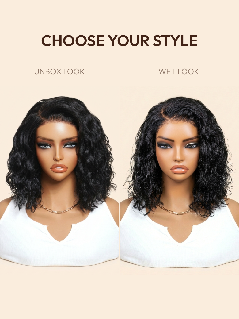 The UNice Bye Bye Slip 6X4 Glueless Lace "C" Side Part Loose Wavy Bob Drawstring Wig For visual image position 8 shows a model with long curly hair wearing a white top |.