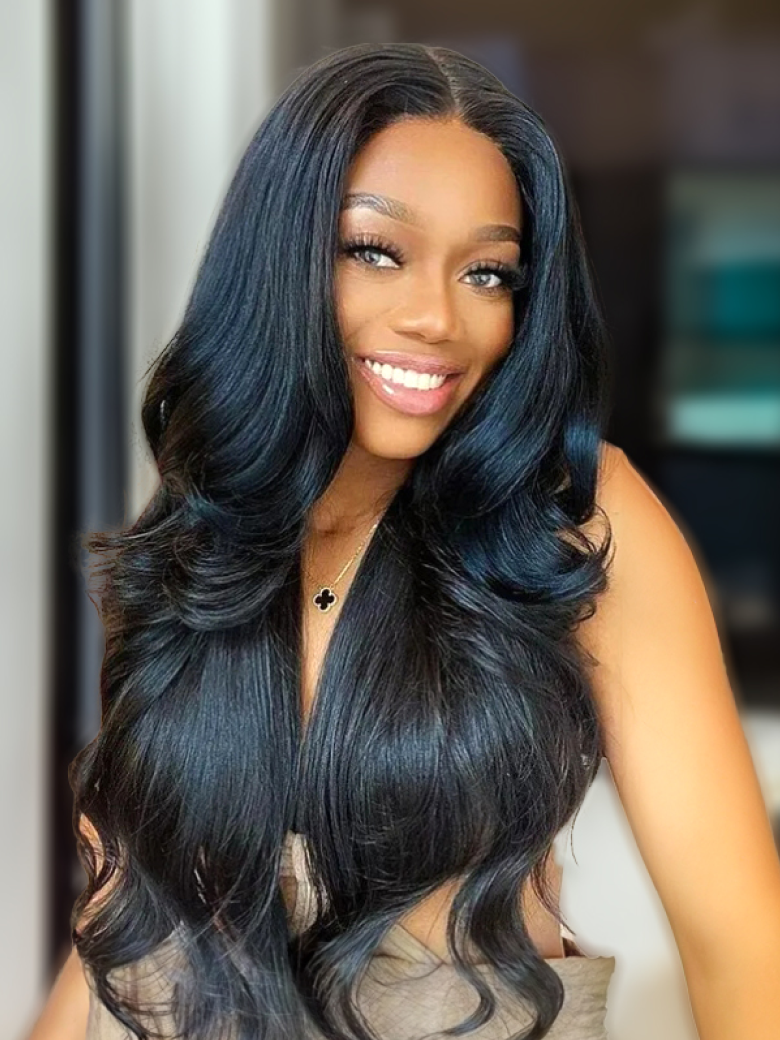 A model displays the UNice Hair Bundles 3 Pcs/pack Brazilian Body Wave Virgin Human Hair Very Bouncy Hair, showing a model with long black hair and a brown dress.