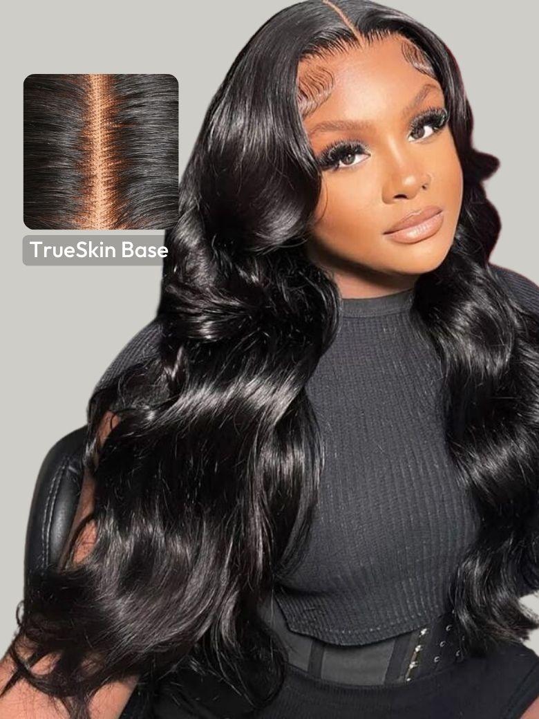 A model displays the UNice Pay 22" Get 24" 13x4 HD Lace ByeBye Cap Invisible Lace Wig Frontal Body Wave, showing a woman wearing a wig with long hair and body wave.