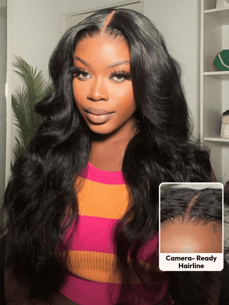 A model displays the UNice Bye Bye Slip 7x5 Glueless Lace Body Wave Lace Front Wig Invisi Drawstring, showing a model with long black hair and a pink top and body wave.