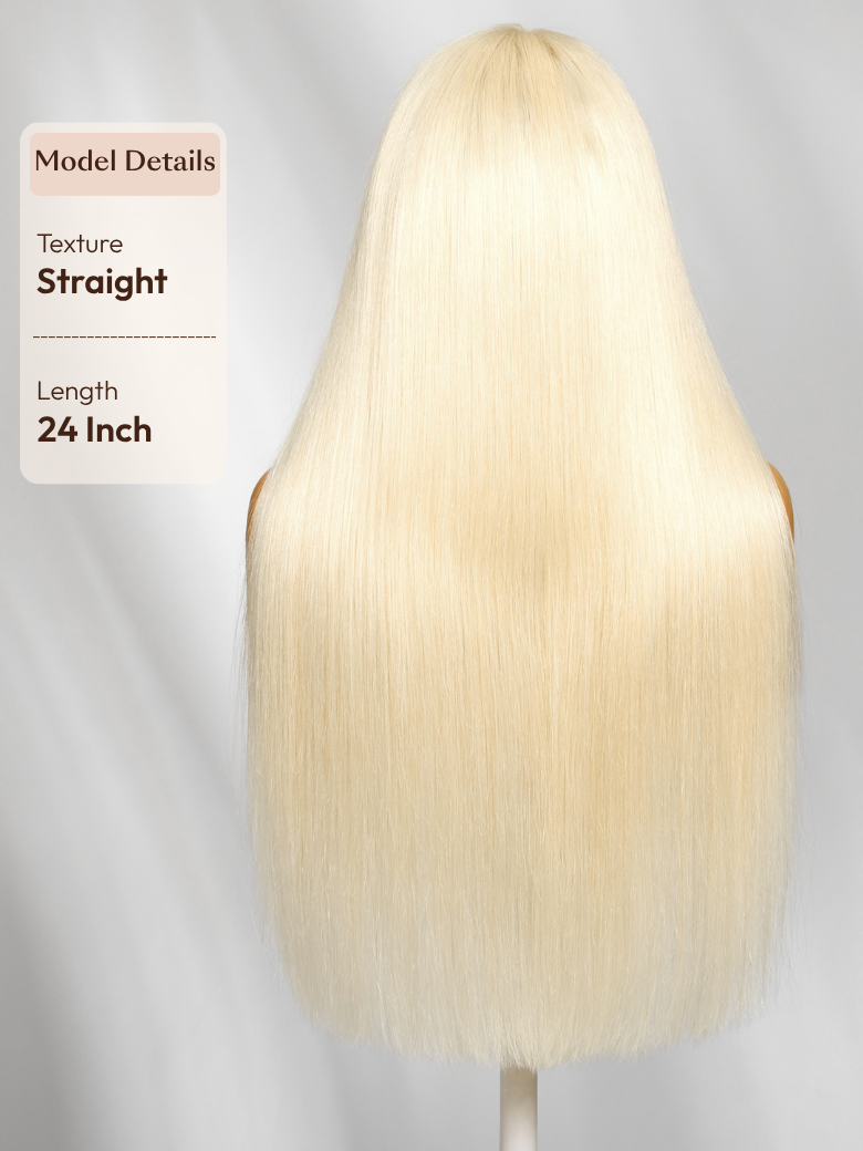 The UNice 13x4 Bye Bye Slip Lace Frontal 613 Blonde Straight/ Body Wave Glueless Wig visual image position 13 shows a blonde wig with long hair on a mann | body wave.