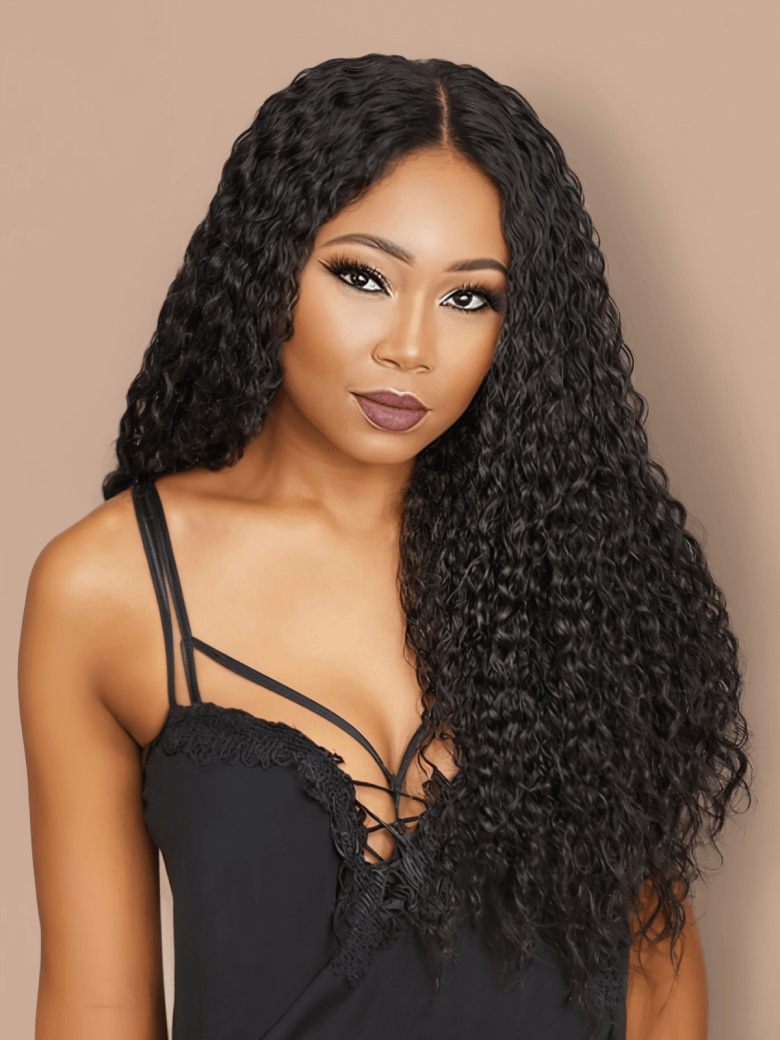 A model displays the UNice Hair Icenu Series 1 Piece Jerry Curly Human Virgin Hair Weaving, showing a model with long curly hair wearing a black top and jerry curl.