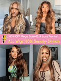 A model displays the UNice 24 Inch 180% Density 13x4 Lace Frontal Wig Last Chance Sale wig, showing a col of images of a model with long hair and a model with long hair.