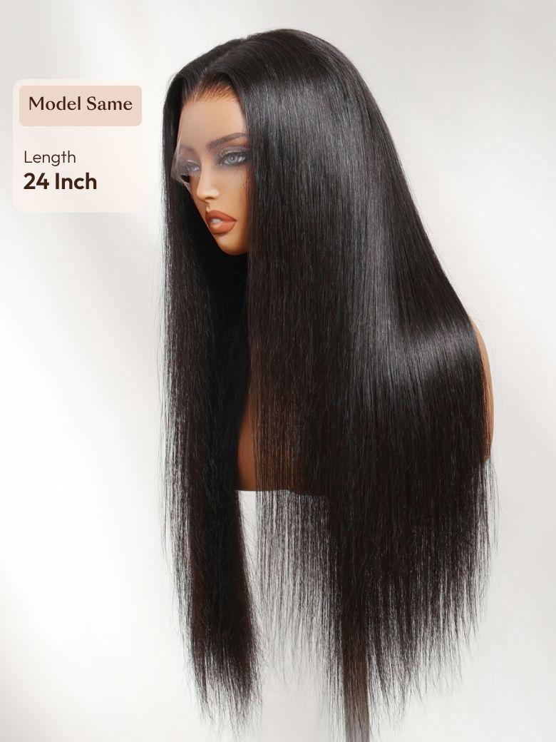 A model displays the UNice 360 HD Lace Pre-plucked Luxury Raw Virgin Hair Natural Black Straight Wig, showing a full lace wig with long hair and straight texture.