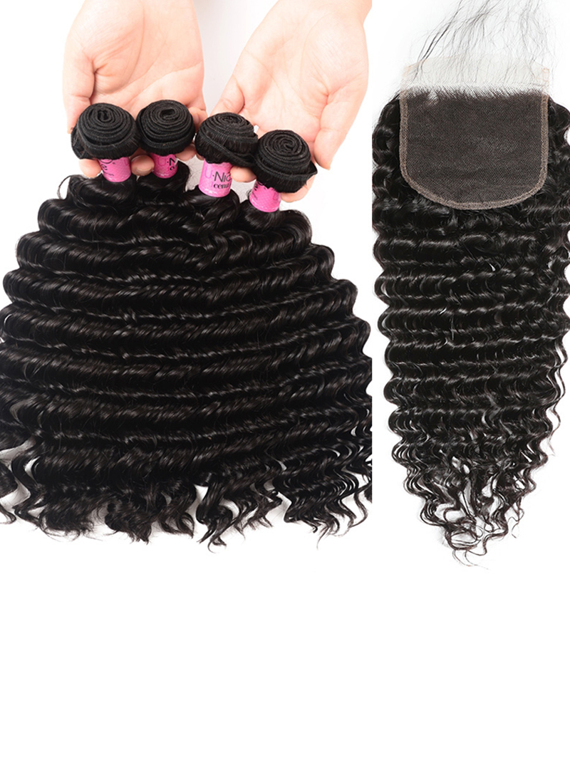 The Unice Deep Wave 4 Bundles with 5x5 Free Part HD Lace Closure Natural Black image highlights Nid, brazilian deep wave hair bundles and deep wave texture, natural.