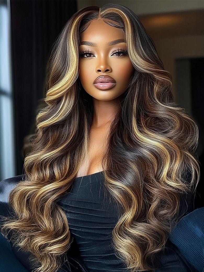 A model displays the UNice 7x5 Bye Bye Knots Wig Lace Loose Wave Butterscotch Highlights Brown 150% Density, showing a model with long blonde hair wearing a wig.