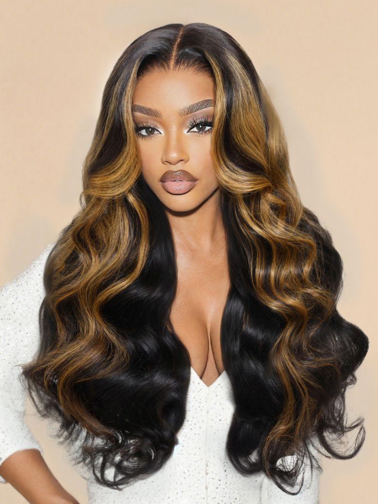 A model displays the UNice 13X6 Balayage Highlight& 7x5 Bye Bye Knots Black with Caramel Blonde wig, showing a model with long wavy hair wearing a white top and body.