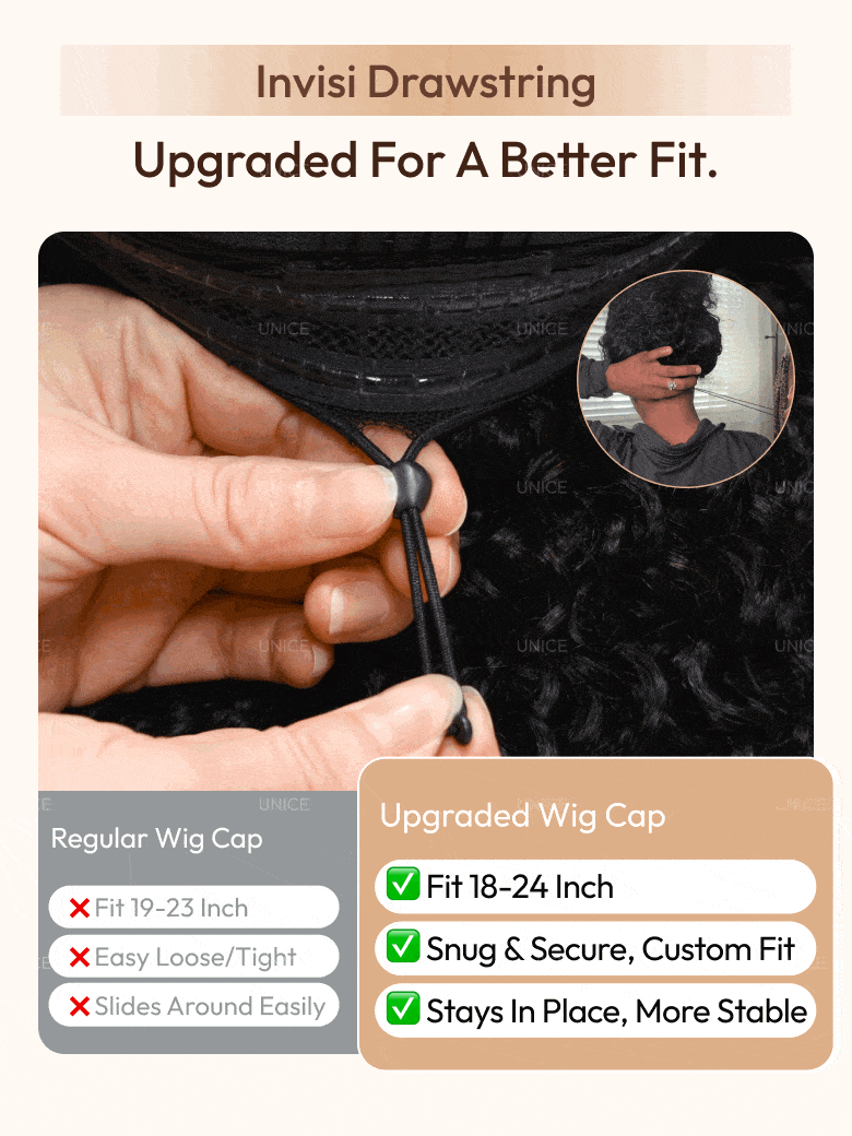 The UNice Bye Bye Knots 7x5 Lace Black to Brown to Blonde Ombre Water Wave Wig with image highlights Invisi Drawstring, Upgraded For A Better Fit, Upgraded Wig Cap.