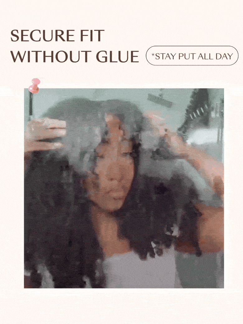 Beginner-friendly curly glueless wig featuring a realistic lace hairline and defined middle part being installed without adhesive.