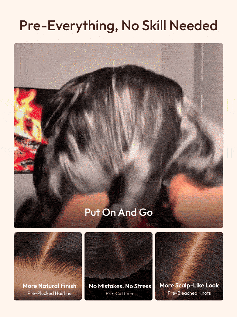 A model displays the UNice 7x5 & 13x4 Bye Bye Slip Pull & Go Black Fluffy Loose Wave Wispy Bangs Glueless, showing a dog is standing in front of a tv and loose wave.