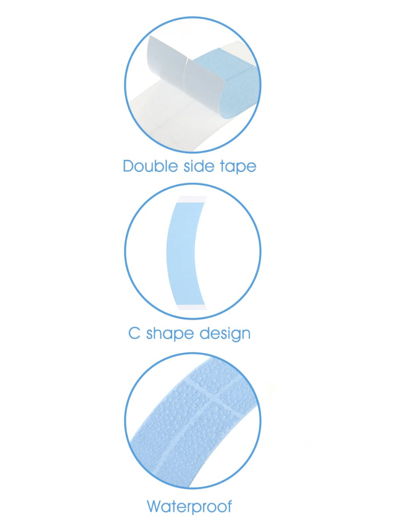 The UNice Invisible Peelable Water Proof Tape For Lace wig/Toupee/Hair Extension image highlights Doublesidetape, C shape design, Waterproof, a diagram.