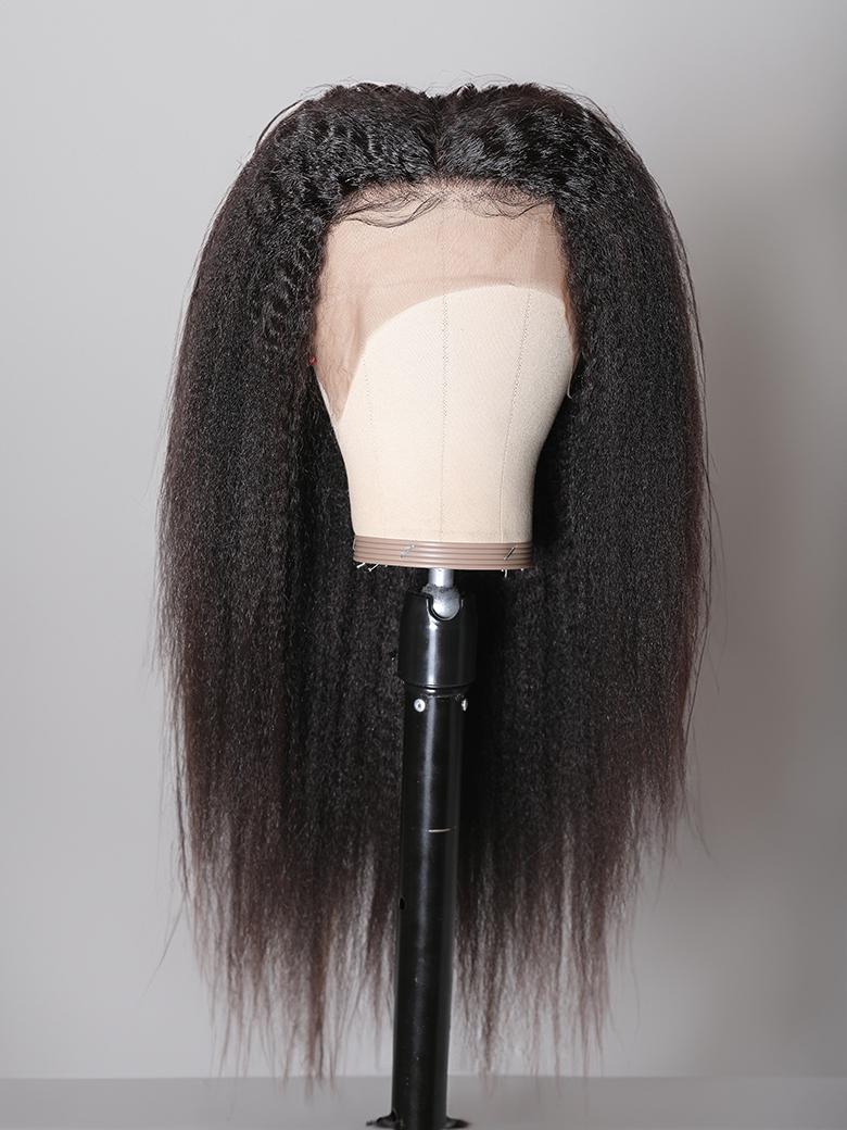 The UNice '' UNice Kinky Straight Glueless13x4 Lace Front Wig Virgin Human Hair Wig product image shows a wig on a manne and kinky straight texture, straight texture.