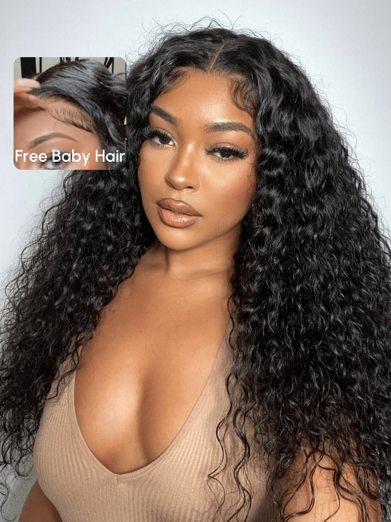 The UNice Limited Time 7x5 Lace Bye-bye Knots Baby Hair 30s Quick Install Glueless Water visual image position 2 shows a model with long curly hair wearing a brown top |.