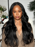 A model displays the UNice Bye Bye Knots 7x5 Natural Lace Black Yaki Wig with Soft Layers & Pre-Plucked, showing a model with long black hair sitting in a chair and yaki.