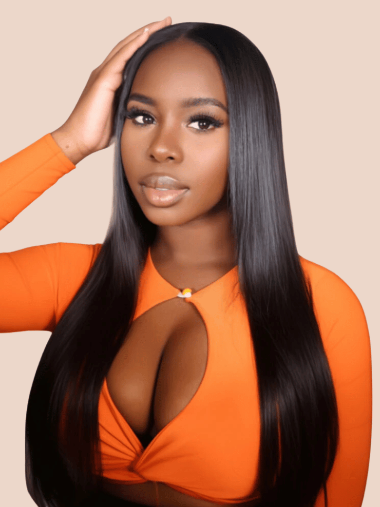 A model displays the UNice 280% Density 13x4 HD Lace wig Curly Lace Front wig Human Hair UNice, showing a model with long black hair wearing an orange top and curly.