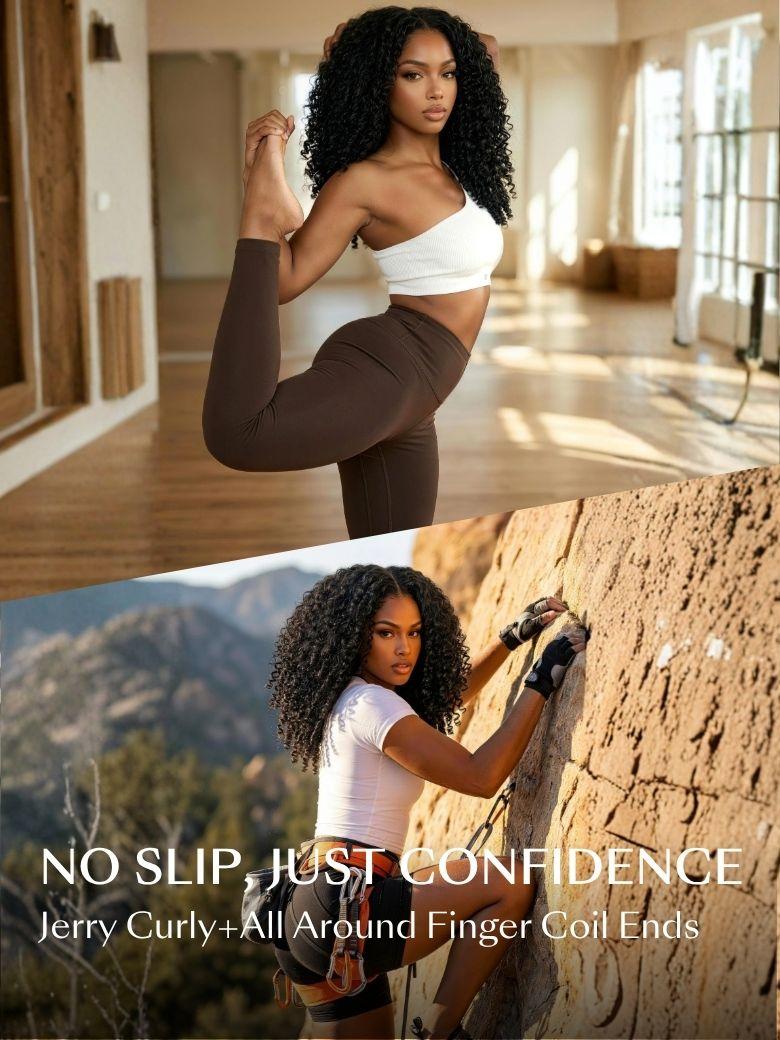 A model displays the UNice 7x5 Bye Bye Slip & 13x4 Pre-Everything Curly Texture Premium Hair Drawstring wig, showing a woman in a white top and brown pants and curly.