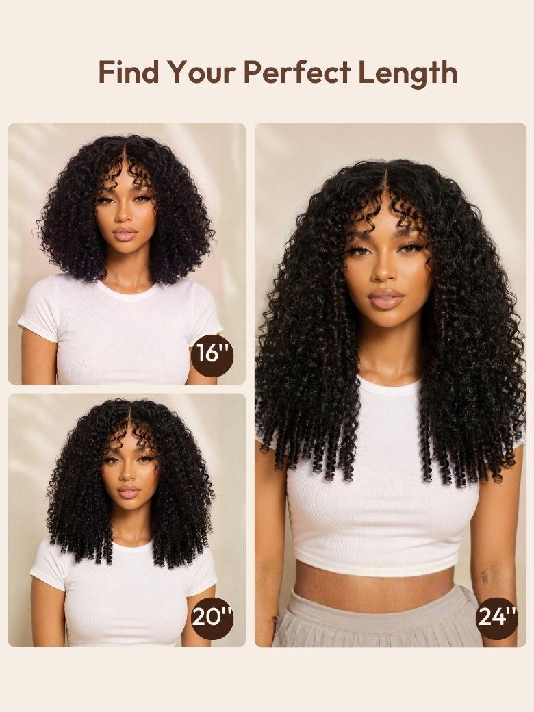 A length comparison guide for black kinky curly wigs on a mannequin, showing the difference between a 20-inch and 24-inch length with finger coil ends.