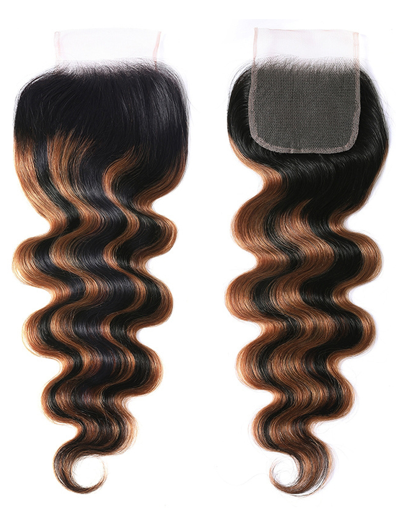 The UNice Balayage Ombre Highlight Body Wave 4x4 Free Part Lace Closure 1 Piece product image shows a pair of wavy hair with a lace closure and body wave texture, ombre.