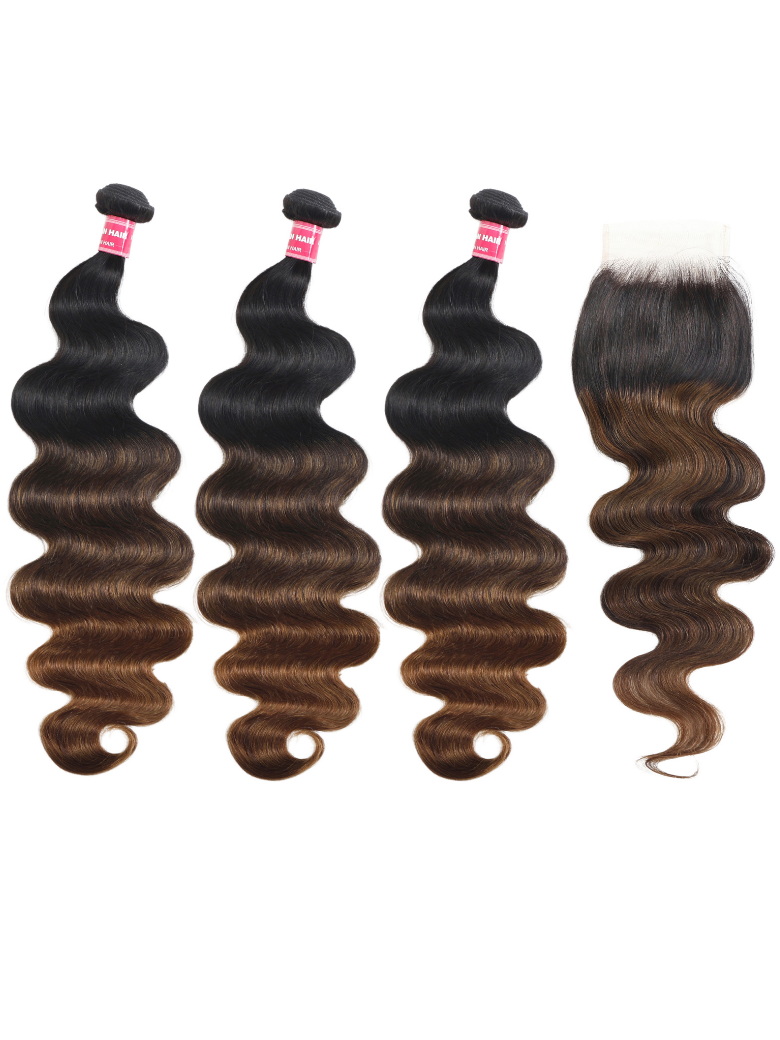 The UNice Hair Bundles 3 Pcs/pack Black to Chestnut Brown Ombre Body Wave Virgin Human Hair product image shows 3 bundles brazilian body wave hair bundles and body wave.