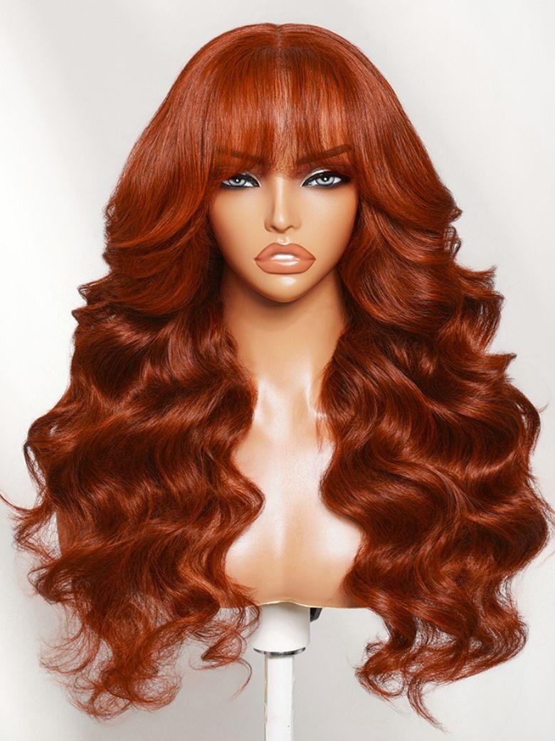 UNice Loose Wave with Bangs Reddish Brown Bye-Bye Slip™ 7x5 Lace Glueless Human Hair Wig for Beginners