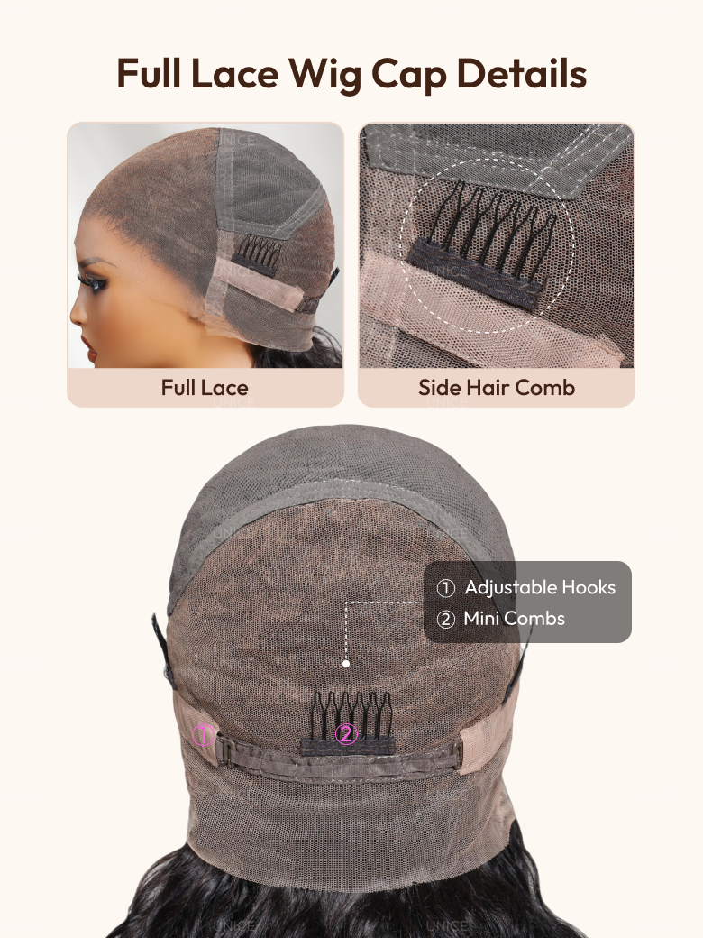 The UNice Full Lace 100% Handmade Blonde Body Wave & Straight Pre Plucked human hair wig image highlights Full Lace Wig Cap Details, Full Lace, Side Hair Comb.