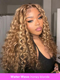 A model displays the UNice 13x4 Glueless Lace Front Collection Wig Virgin Human Hair Wig, showing a model with long curly hair and a black top and 13x4, glueless wear.