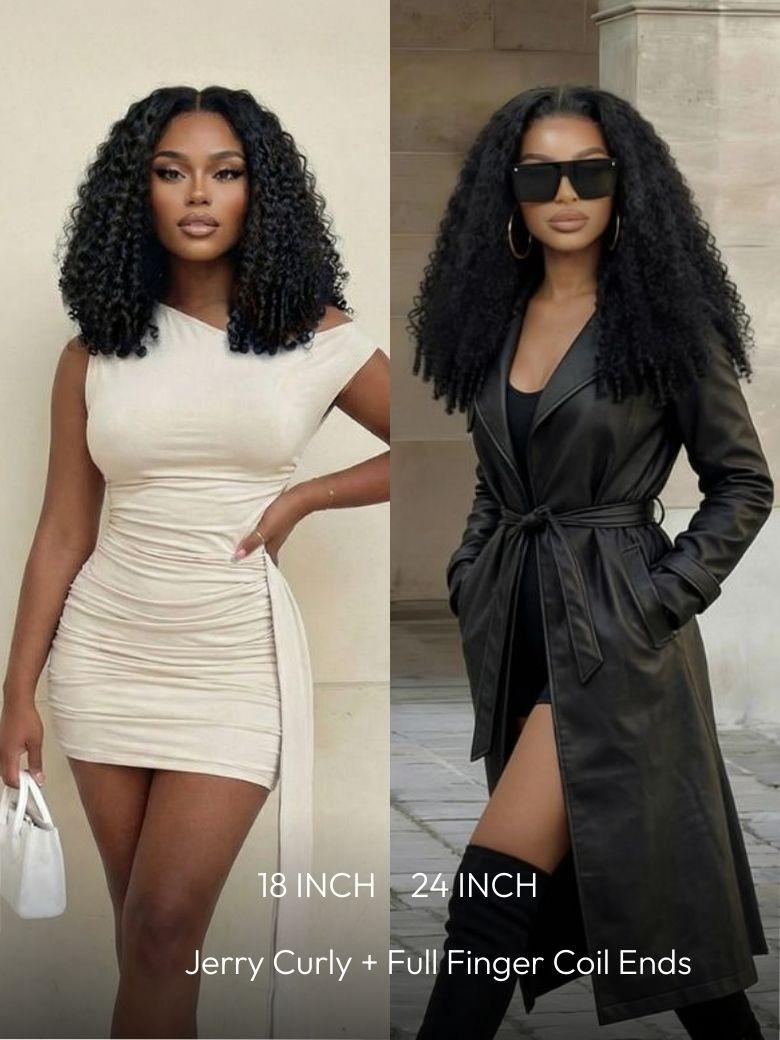 A model displays the UNice 13x4 Pre-Everything Curly Texture Premium Hair Drawstring Wig With Finger Coil, showing a woman wearing a black leather coat and white dress.