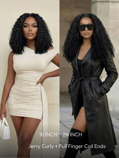 A model displays the UNice 13x4 Pre-Everything Curly Texture Premium Hair Drawstring Wig With Finger Coil, showing a woman wearing a black leather coat and white dress.