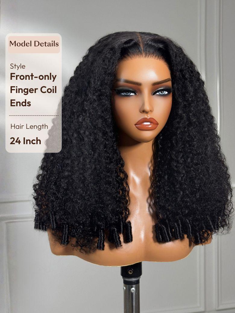 A model displays the UNice 20''-24'' Real Glueless 7x5 Bye Bye Knots Lace Curly Texture Premium Hair wig, showing a model with long curly hair and a black wig and curly.