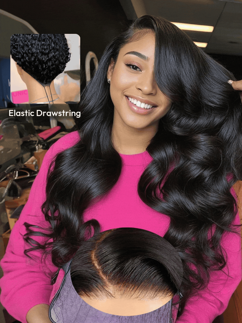 The UNice 13x4 Pre-Everything Transparent Lace Front 3D Body Wave Wig Real Ear To Ear visual image position 3 shows a model is cutting her hair with a hair dryer |.