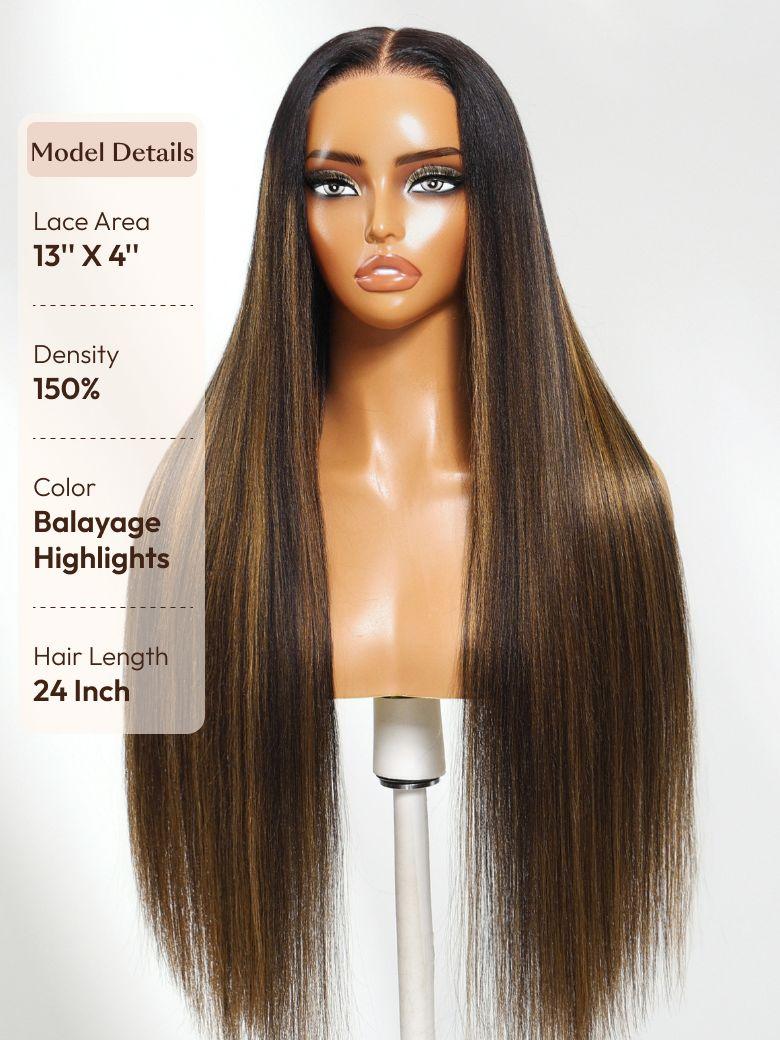 The UNice With Drawstring 13x4 Pre-Everything Lace Frontal Yaki Straight Balayage image highlights Model Details, LaceArea, 13"X4", Density, a wig with long hair.
