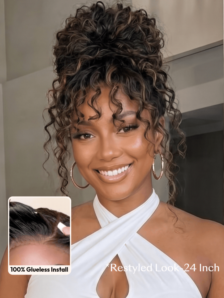 UNice Bye-Bye Knots 7x5 Lace Water Wave Black Wig With Golden Brown Highlights & Natural Black 150% Density Perfect Beach Look for Summer
