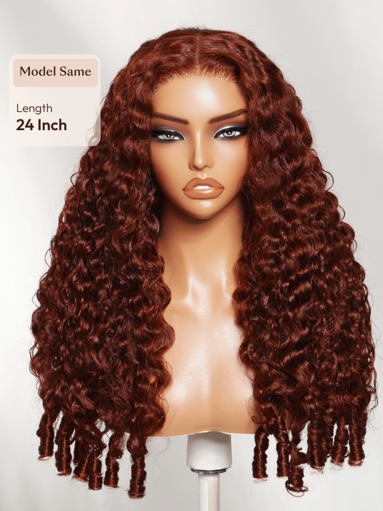 A model displays the UNice 13x4 Bye Bye Slip Lace Frontal Reddish Brown Fluffy Burmese Wavy Human Hair, showing a wig with long curly hair on a mann and reddish brown.