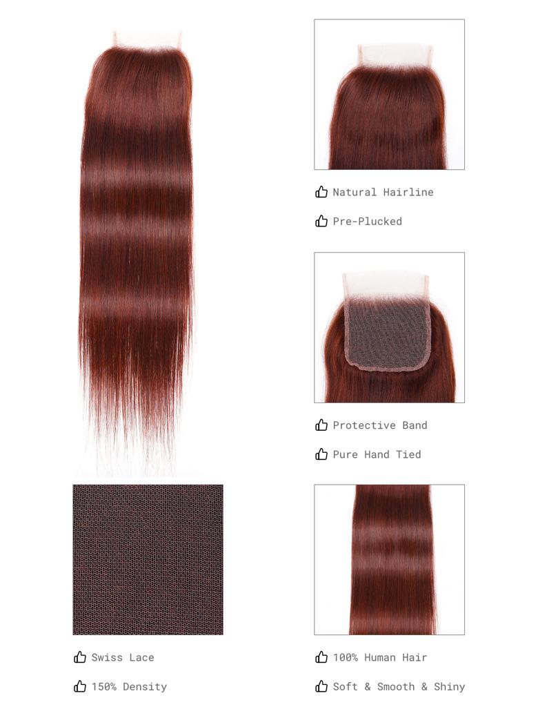 The UNice Dark Auburn Straight Remy Human Hair 3 Bundles With Closure Deal image highlights Natural Hairline, Pre-Plucked, Protective Band, Pure Hand Tied, the hair.
