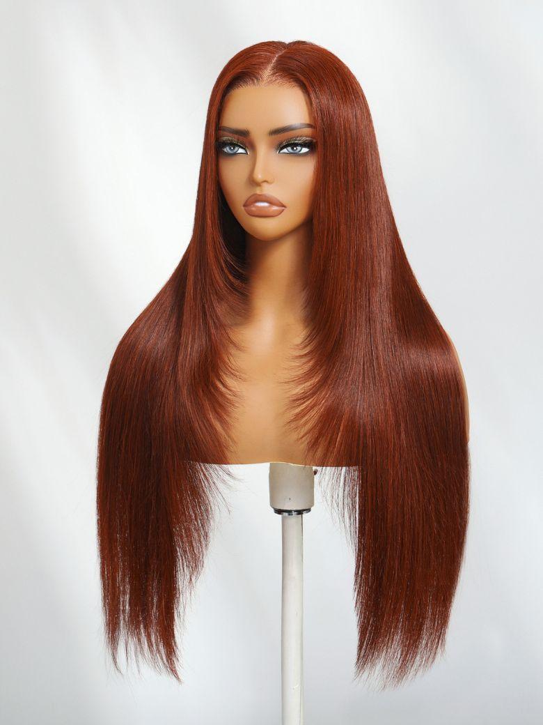 The UNice Ins Only 7x5 Bye Bye Knots Reddish Brown Kinky Curly & Straight & 13x4 wig product image shows a wig with long red hair and loose wave texture, straight.