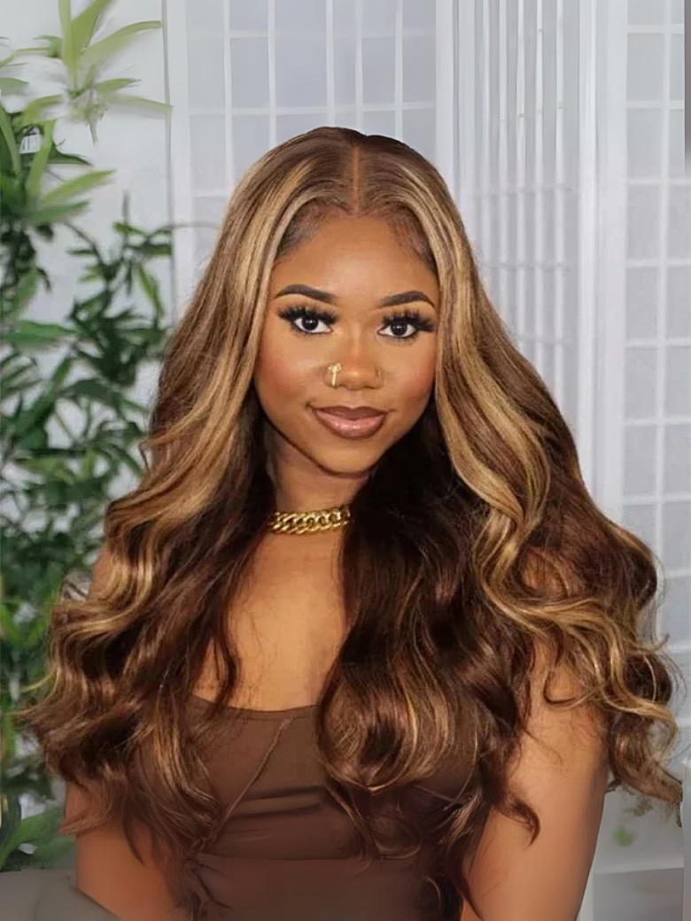 A model displays the UNice Beginner Friendly 6x4.5 Pre Cut Lace Put On And Go Honey Blonde Highlights wig, showing a model with long brown hair and a brown dress.