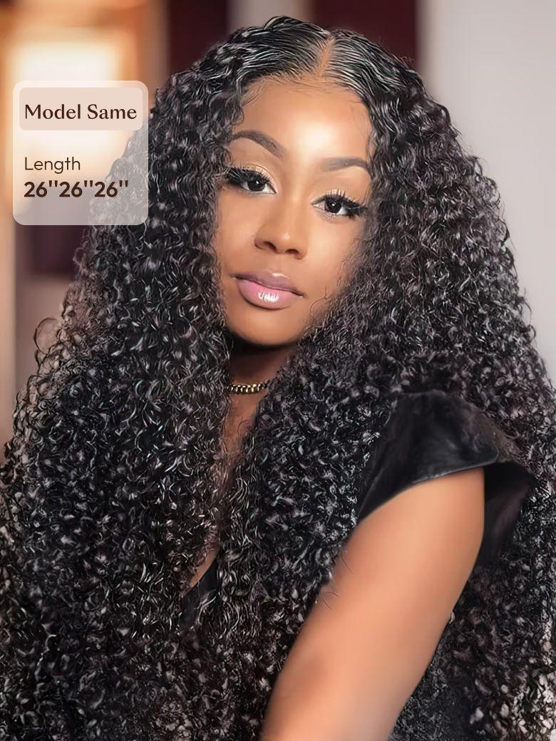 A model displays the UNice Hair 3 Bundles Peruvian Jerry Curly Human Hair Weave VIP Exclusive, showing a model with long curly hair wearing a black dress and jerry curl.