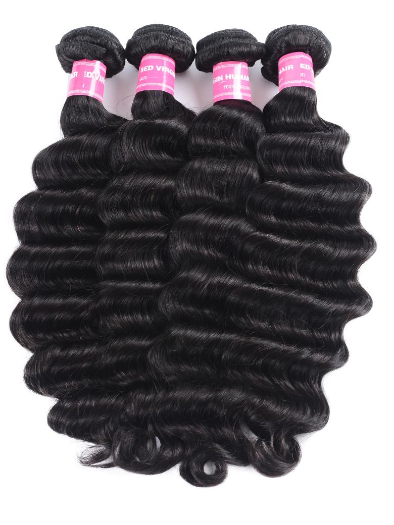 The UNice Hair 4pcs Loose Deep Wave Virgin Human Hair Weft image highlights SEDVI, GINH, virgin hair bundles and deep wave texture, virgin human hair quality.