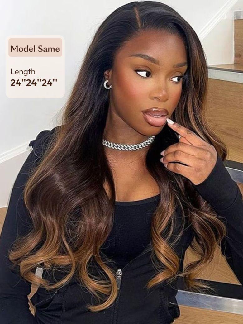A model displays the UNice Chestnut Brown Ombre 3 Pcs Body Wave Human Hair Bundles, showing a model with long brown hair and a black top and body wave texture, ombre.