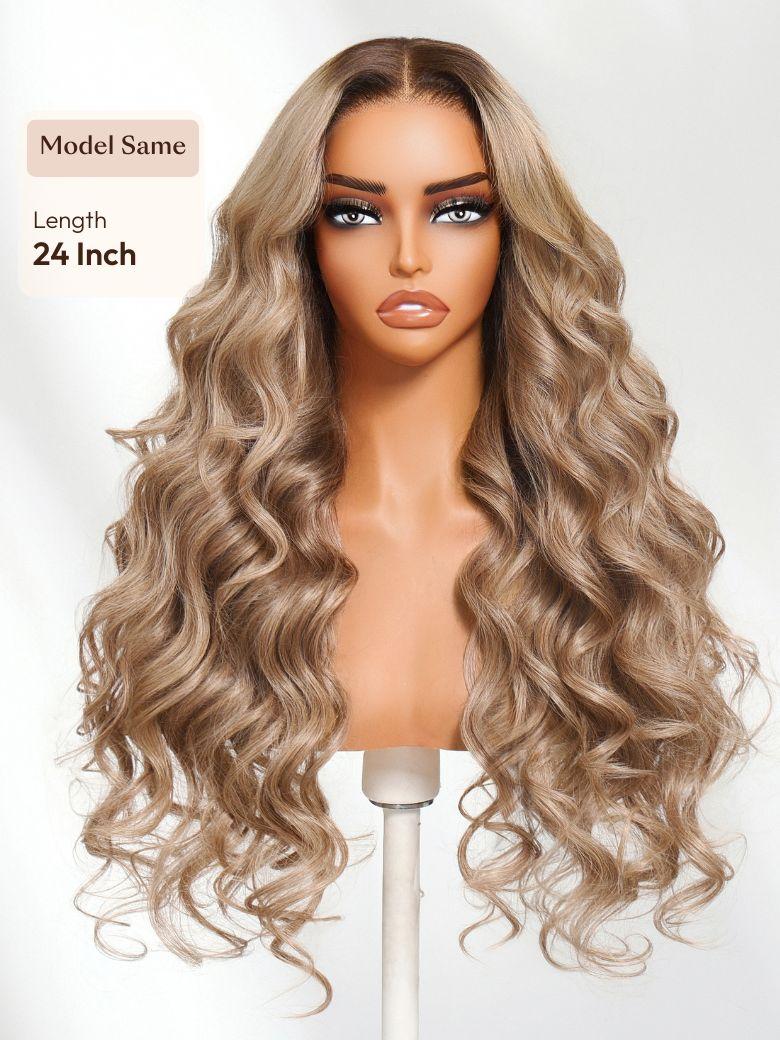 The UNice Ash Blonde With Brown Roots No Slip 13x4 Pre-Everything Lace Frontal Body Wave image highlights Model Same, Length, 24Inch, a wig with long wavy hair.