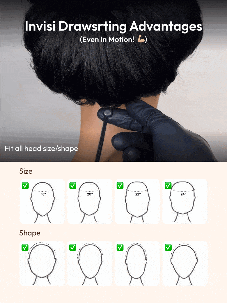 The UNice EasiContour V Part Minimal Glueless Curly Glueless Wig Invisi Drawstring Human image highlights Invisi Drawsrting Advantages, (Even In Motion!), Fitallhead.