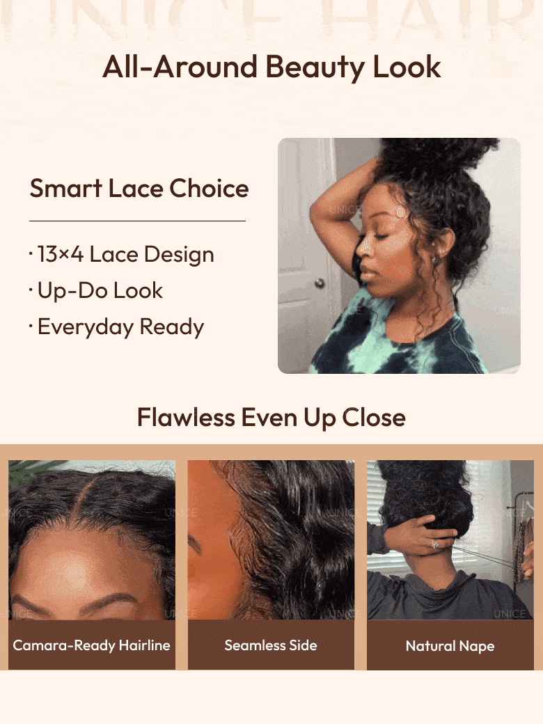 A model displays the UNice 13x4 Pre-Everything Pre-Cut HD & Transparent Lace Front Water Wave Drawstring wig, showing all around beauty look and water wave texture.