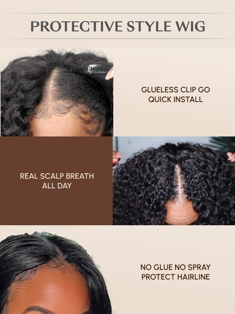 A model displays the UNice EasiContour V Part Glueless Yaki Wig 150% Density, showing a model with a hair transplant procedure and yaki texture, glueless wear.