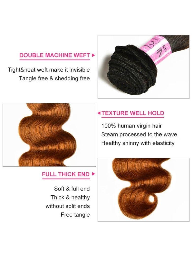 The UNice Soft #TB30 Body Wave & Straight Human Hair Weaves Human Hair 1 Bundle Ombre Color image highlights DOUBLEMACHINEWEFT, Tight&neatweftmakeitinvisible.