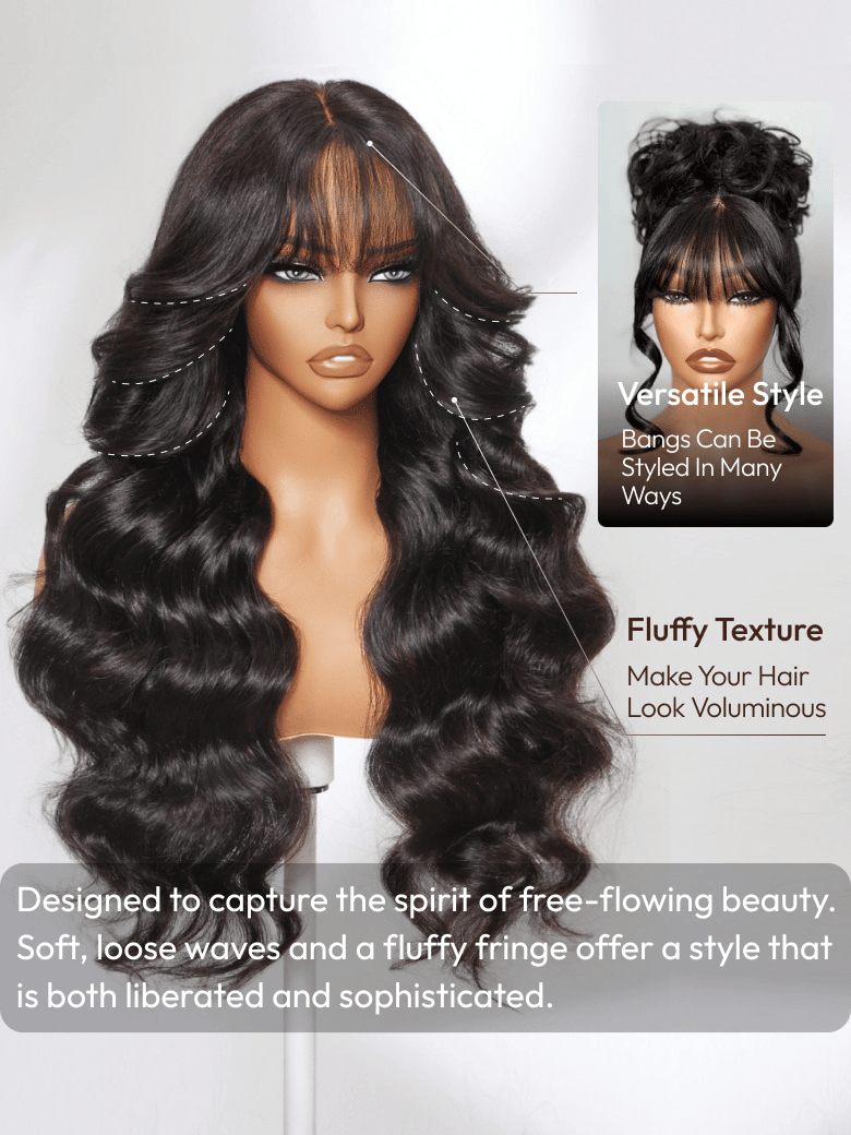 The UNice 13x4 Pre-Everything Lace Frontal Black Fluffy Natural Loose Wave Curtain Bangs image highlights VersatileStyle, BangsCanBe, Styled In Many, Ways, brazilian.