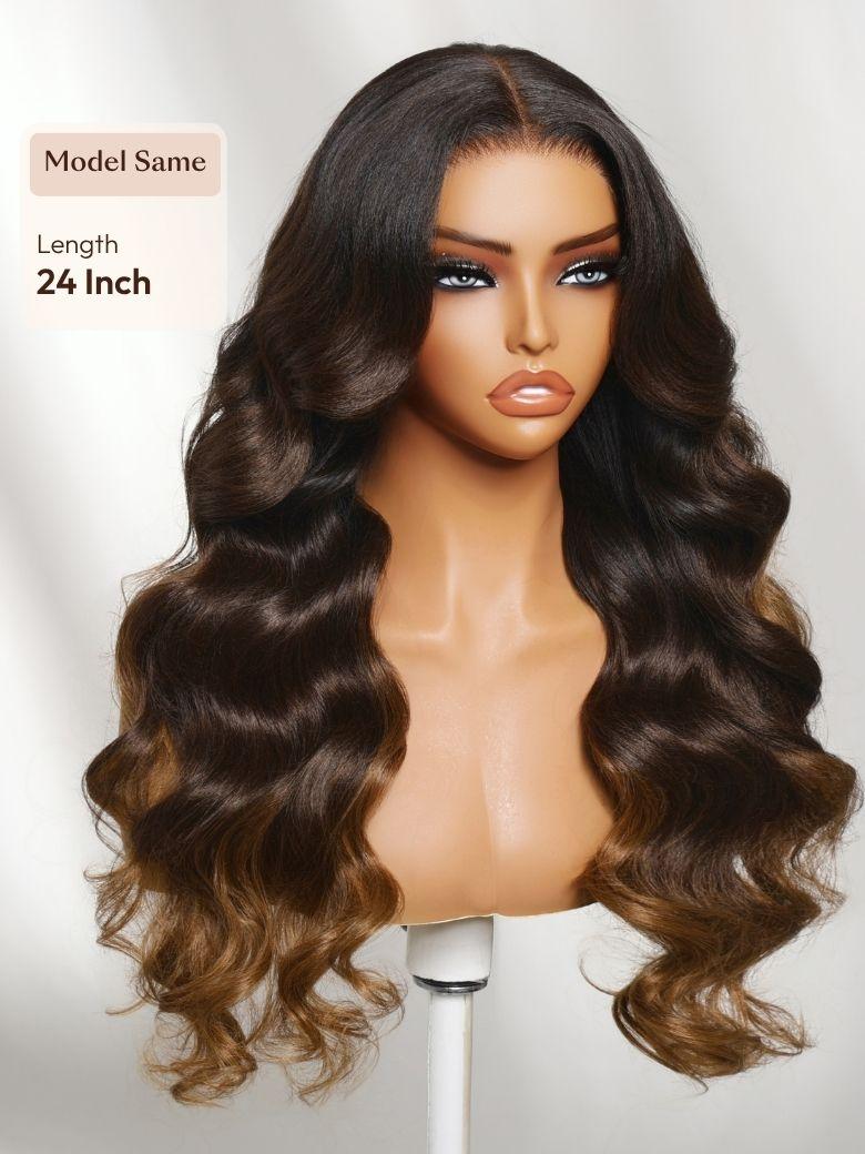 A model displays the UNice 13x4 Bye Bye Slip Lace Frontal Dark to Brown Ombre with Caramel Blonde Ends, showing a wig with long wavy hair on a mann and body wave.