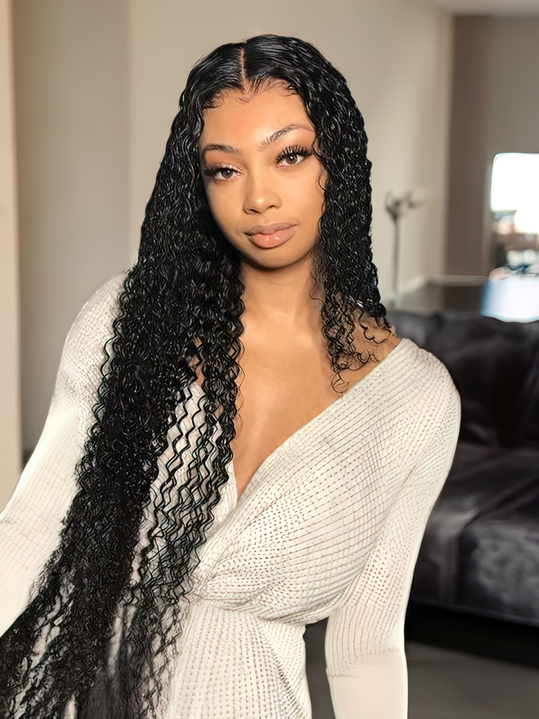 A model displays the UNice Hair 4 Bundles Kinky Curly Unprocessed Virgin Hair, showing a model with long black hair wearing a white sweater and kinky curly texture.