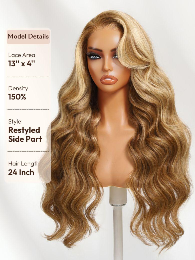 The UNice 7x5 Bye Bye Slip Wig With Drawstring Pre-Cut Glueless Lace Honey Blonde Body image highlights Model Details, LaceArea, 13"x4"", Density, a wig with long wavy.